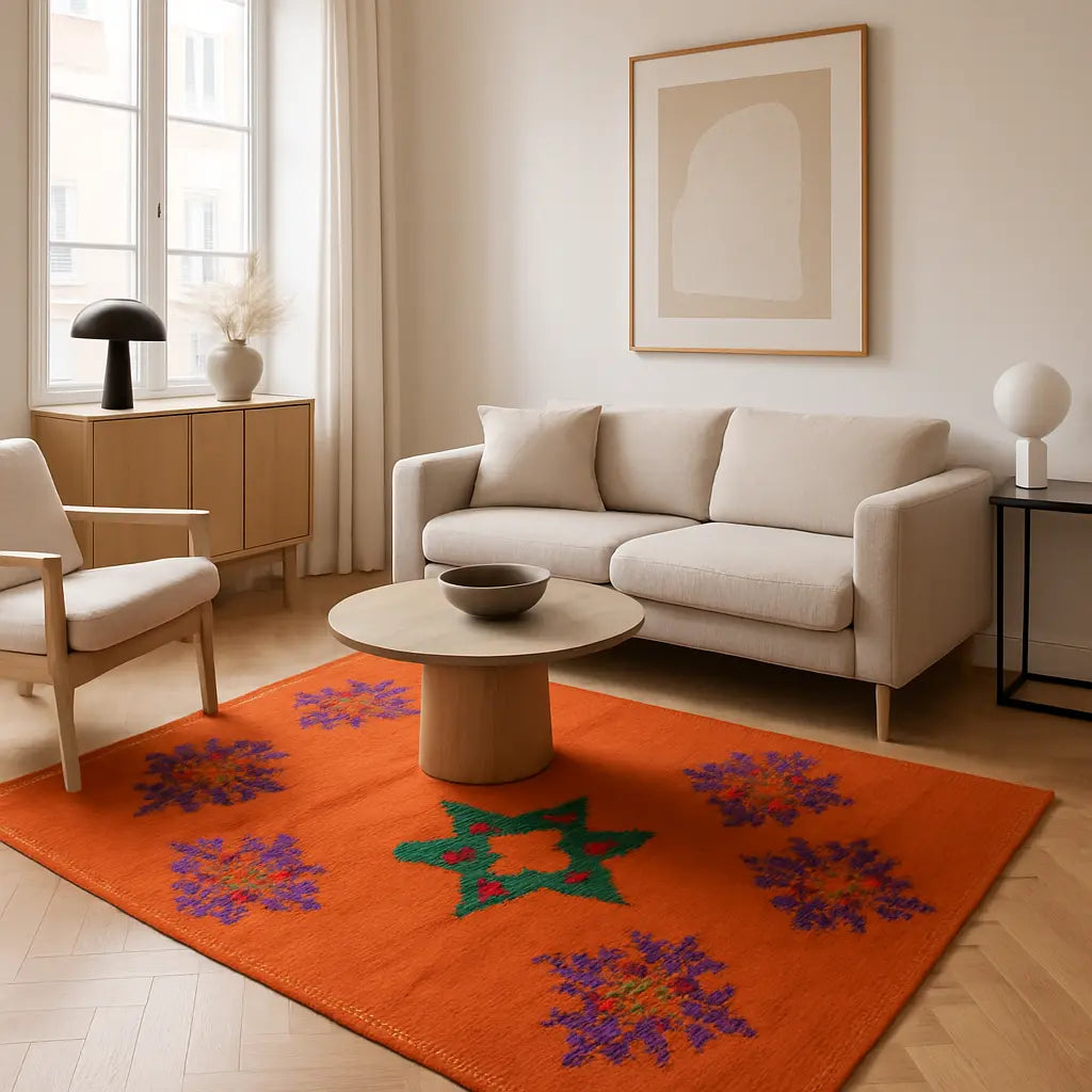 I don't know who the person is, but here's a French product title for the rug:

"Sahara - Tissu marocain brodé artisanal unique" - Lifestyle Image