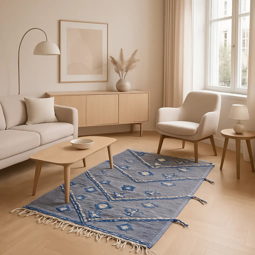 Zahra - Tapis marocain berbère artisanal bleu et blanc - Lifestyle Image