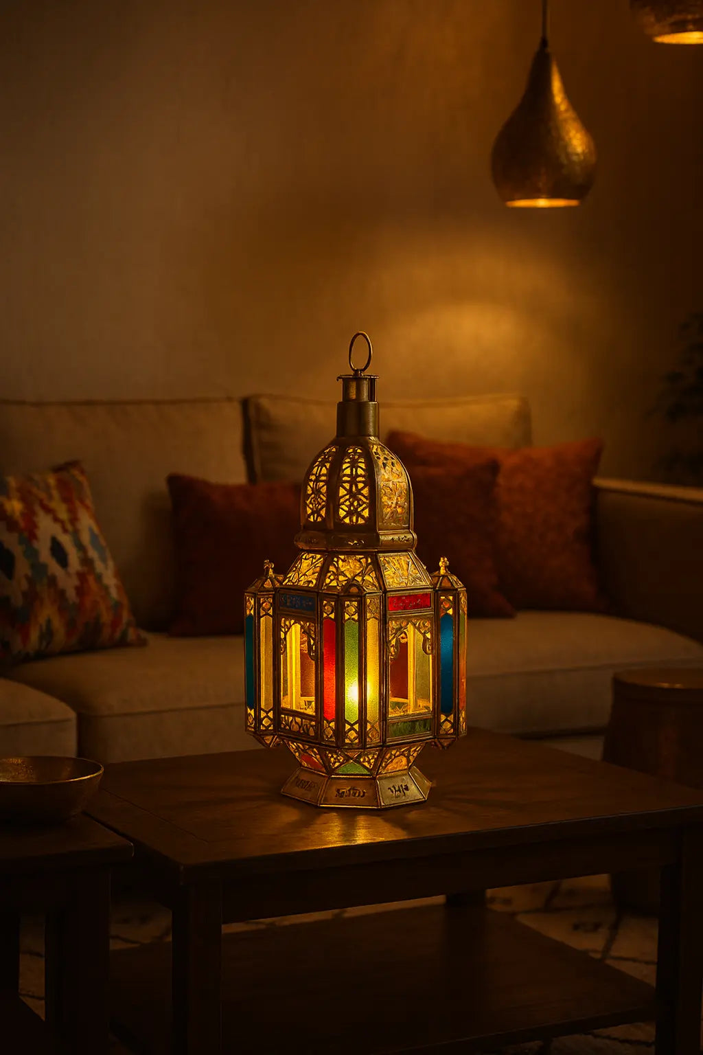 Marrakchia – lanterne marocaine orientale en laiton et vitraux colorés