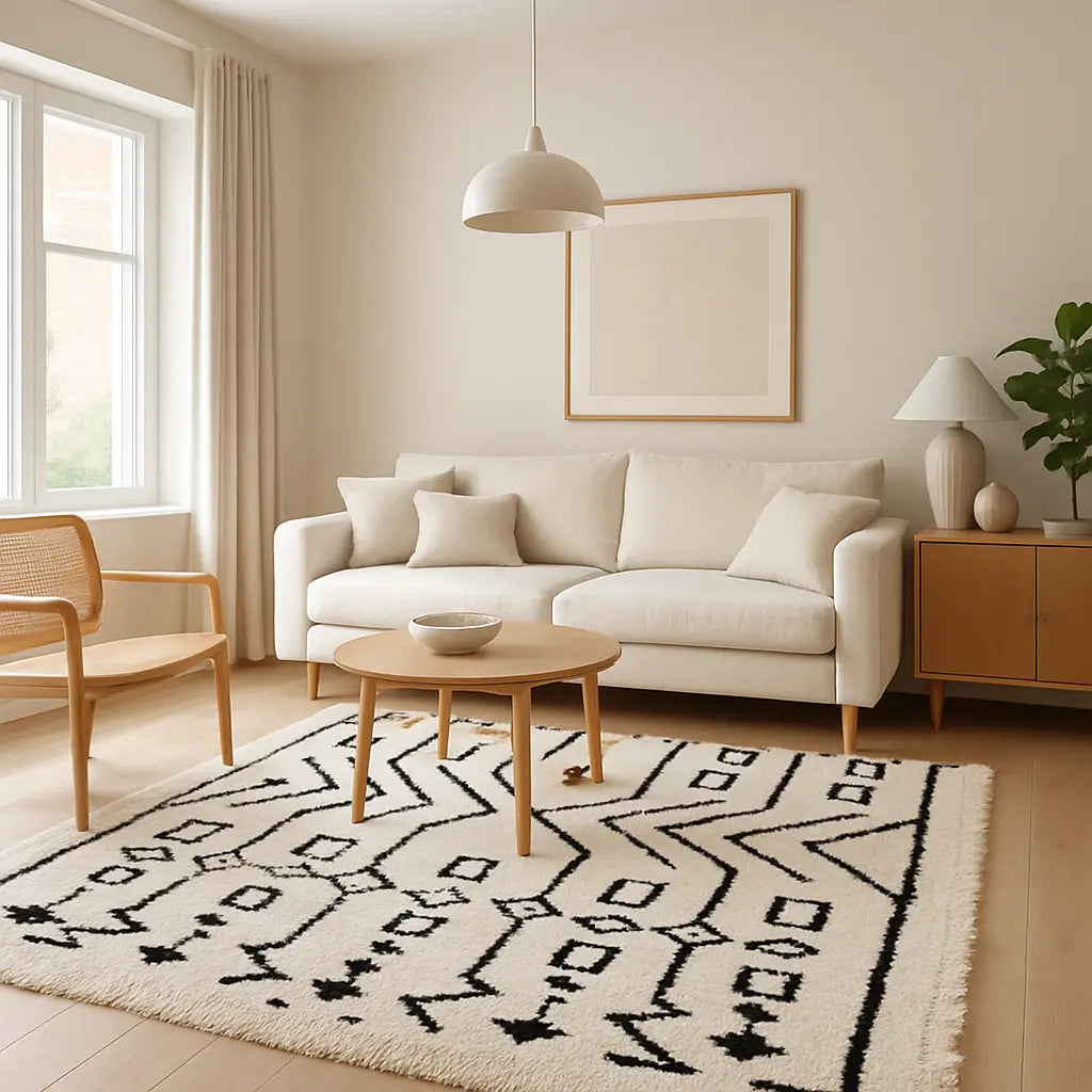 Zahira - Tapis berbère marocain en laine, motifs traditionnels noirs et blancs. - Lifestyle Image