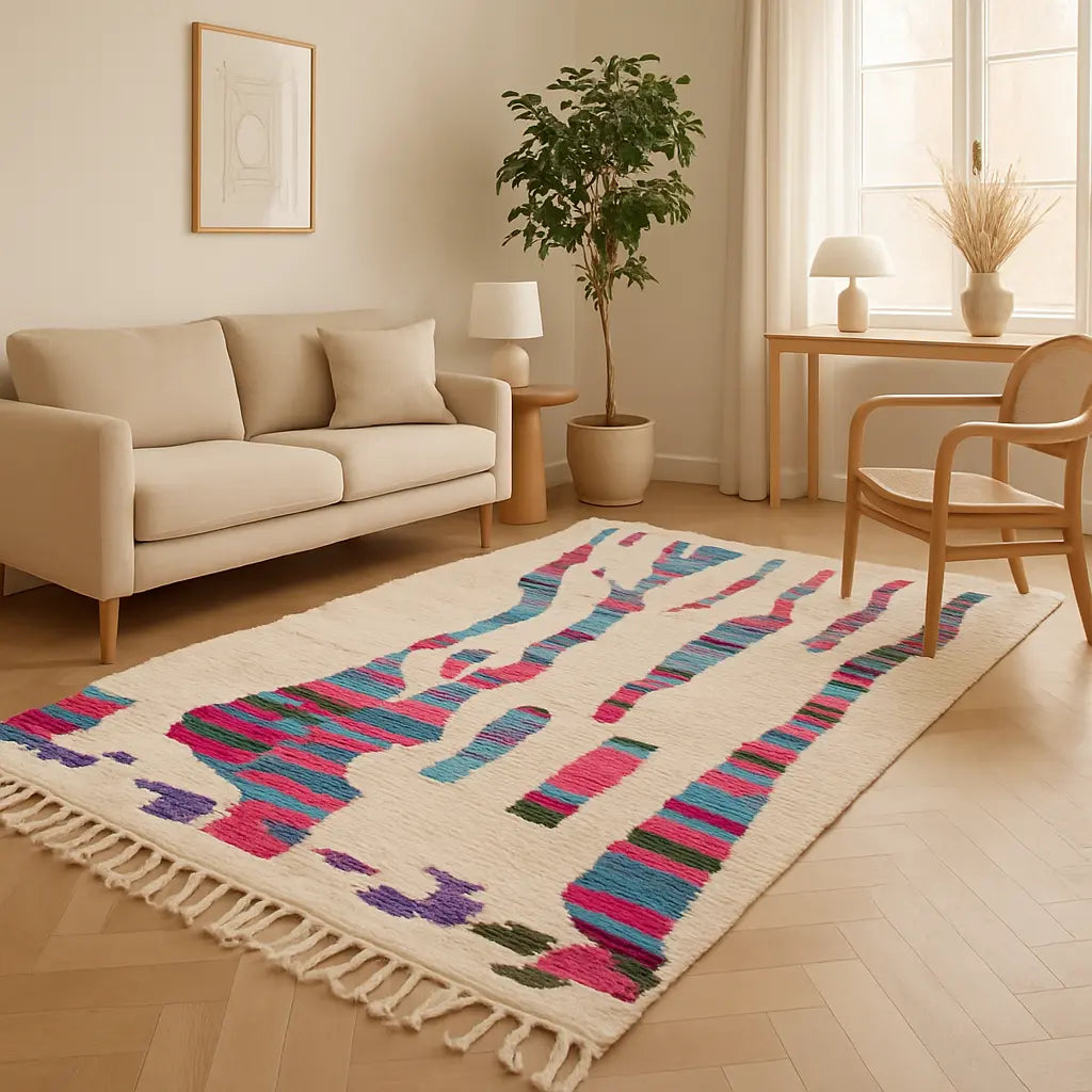 "Zahra - Tapis berbère marocain fait main abstrait coloré" - Lifestyle Image