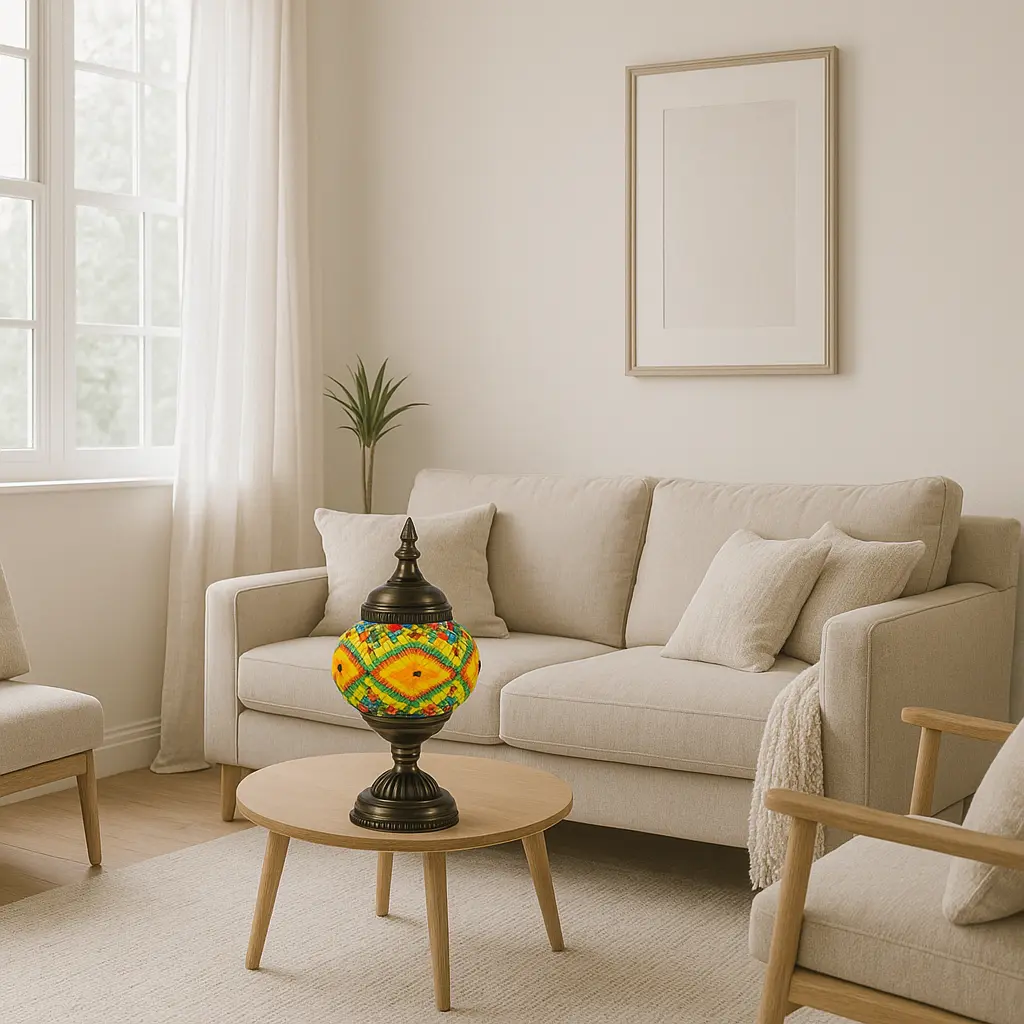 Yasna - Lampe orientale en mosaïque verte et ambre sur socle en métal patiné Mazaya