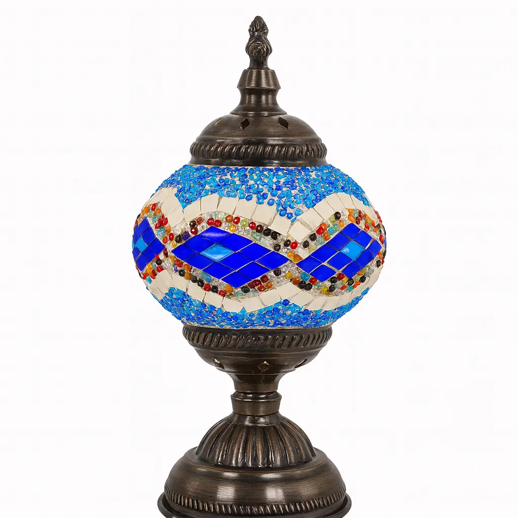 Azar - Lampe orientale en mosaïque bleue et ivoire sur socle en métal patiné Mazaya