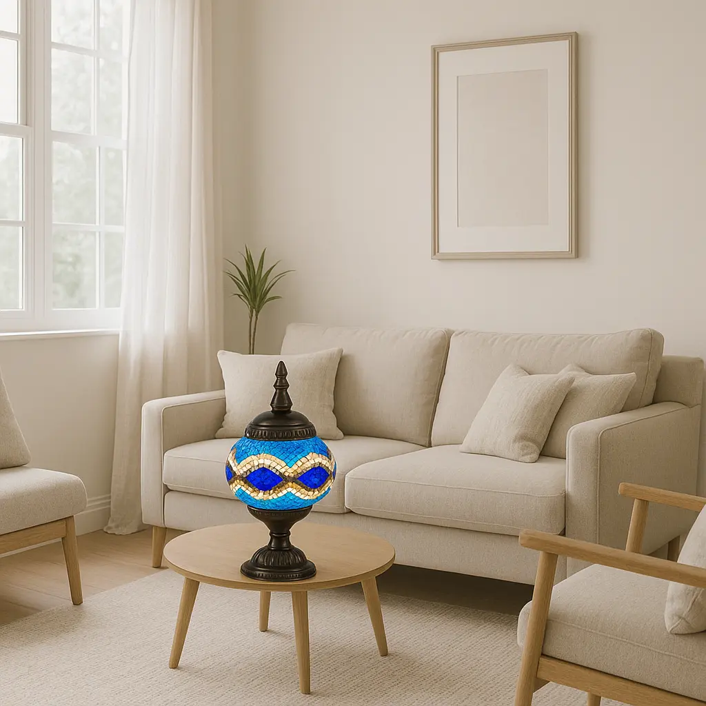 Azar - Lampe orientale en mosaïque bleue et ivoire sur socle en métal patiné Mazaya