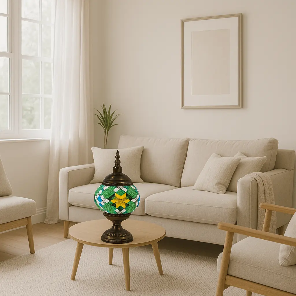 Laleh - Lampe orientale en mosaïque verte et jaune sur socle en métal patiné Mazaya