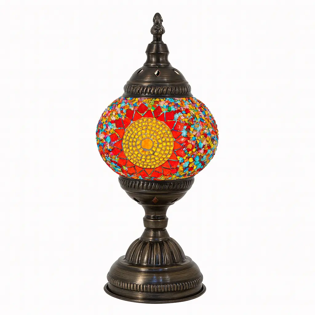 Delara - Lampe orientale en mosaïque rouge et dorée sur socle en métal patiné Mazaya