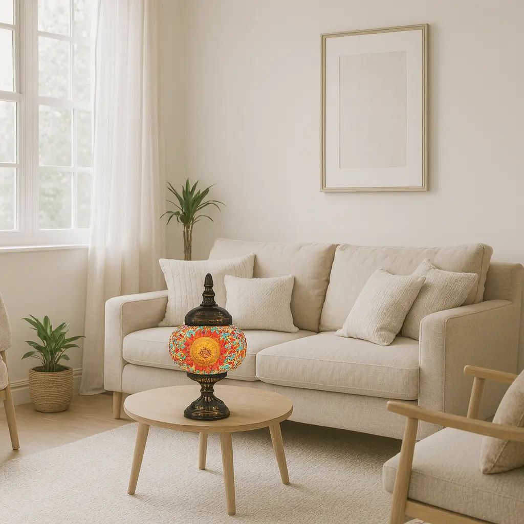 Delara - Lampe orientale en mosaïque rouge et dorée sur socle en métal patiné Mazaya