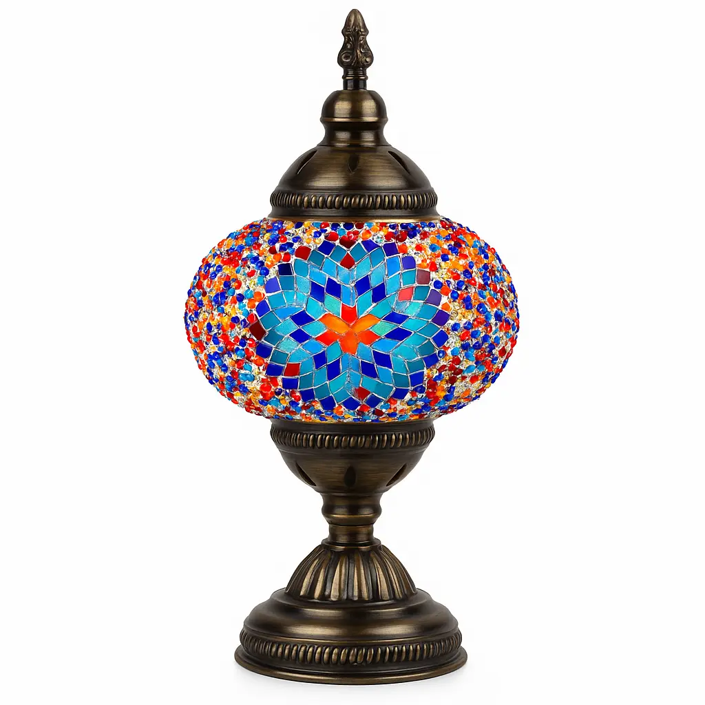 Shirin - Lampe orientale en mosaïque bleue et rouge sur socle en métal patiné Mazaya