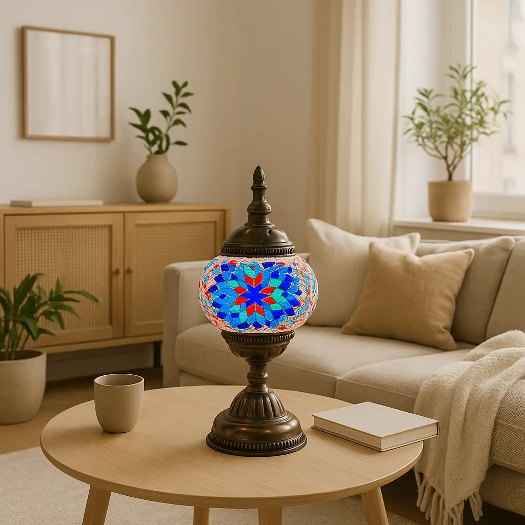 Shirin - Lampe orientale en mosaïque bleue et rouge sur socle en métal patiné Mazaya