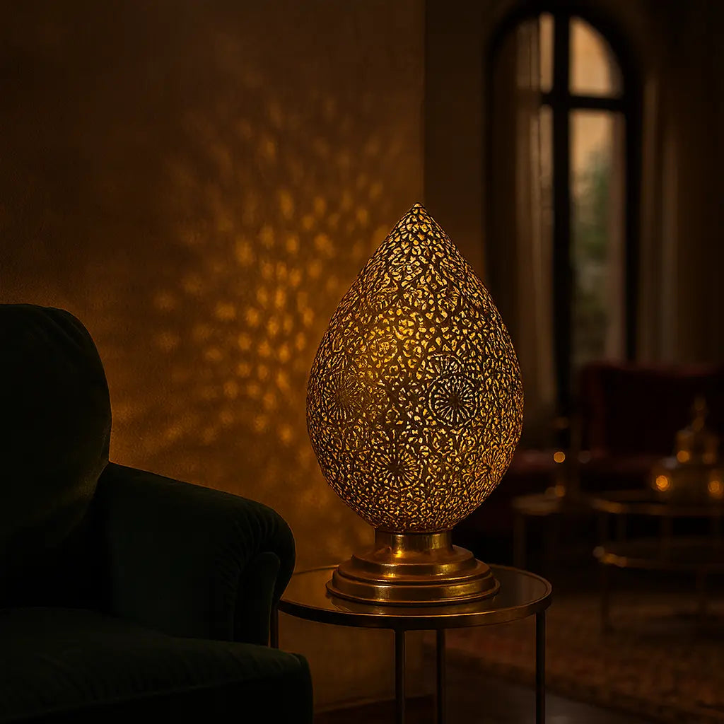 Malika – lampe orientale marocaine à poser en laiton ajouré - Mazaya