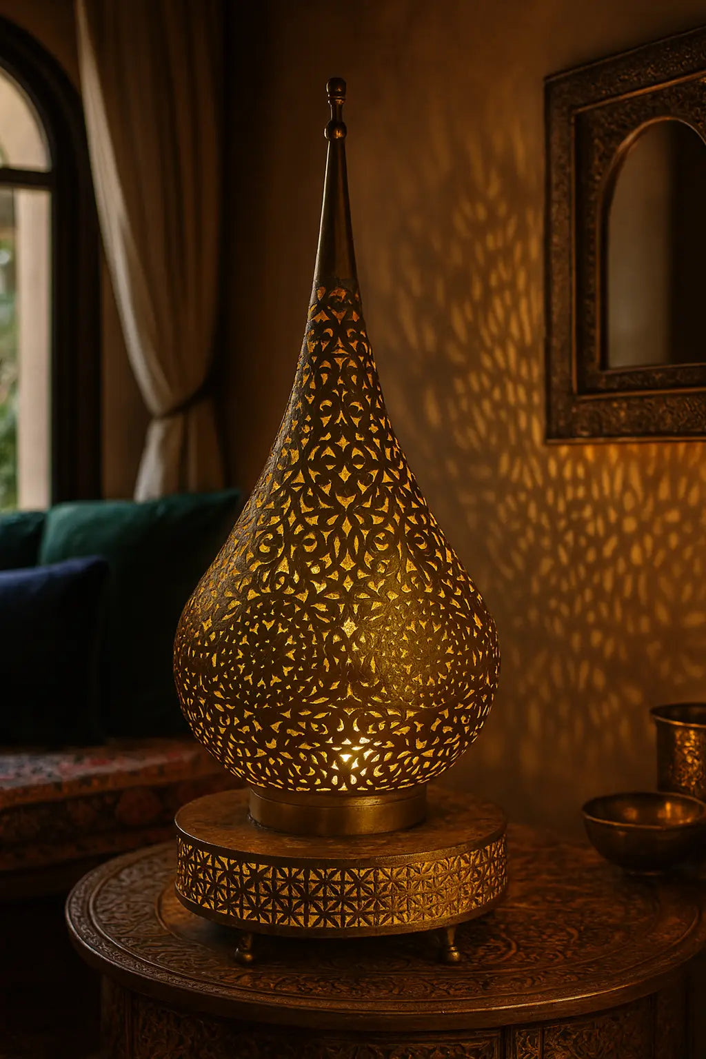 Nouria - Lampe marocaine artisanale en laiton ajouré en forme de goutte - Mazaya
