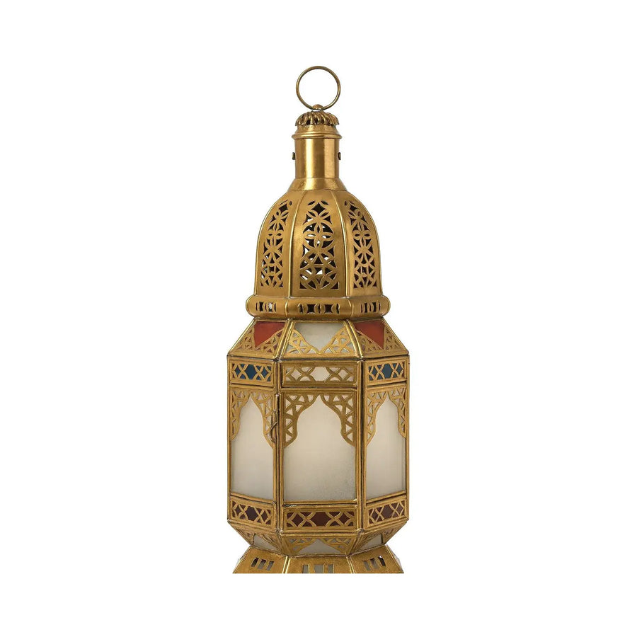 Lanterne Houda en laiton et verre coloré sur fond blanc