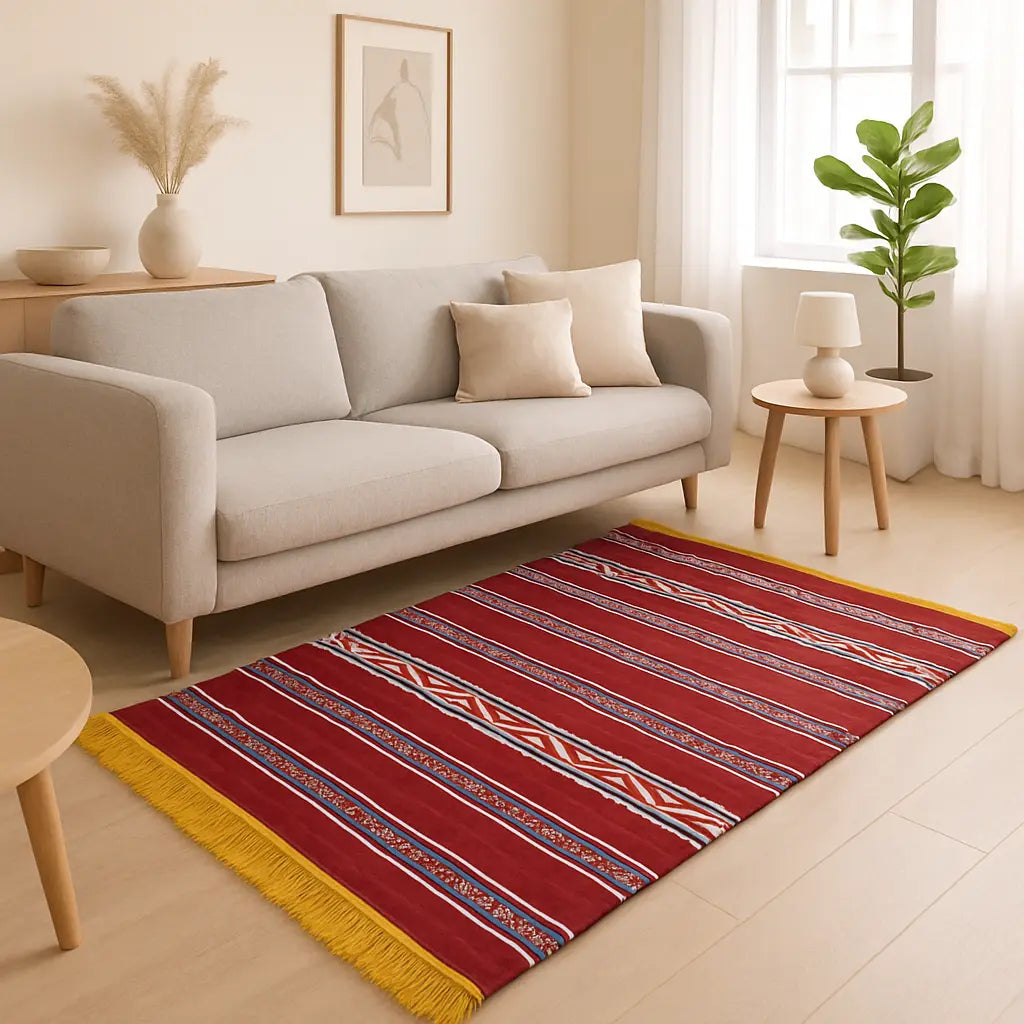 Safiya - Tapis marocain berbère artisanal rouge à franges jaunes - Lifestyle Image