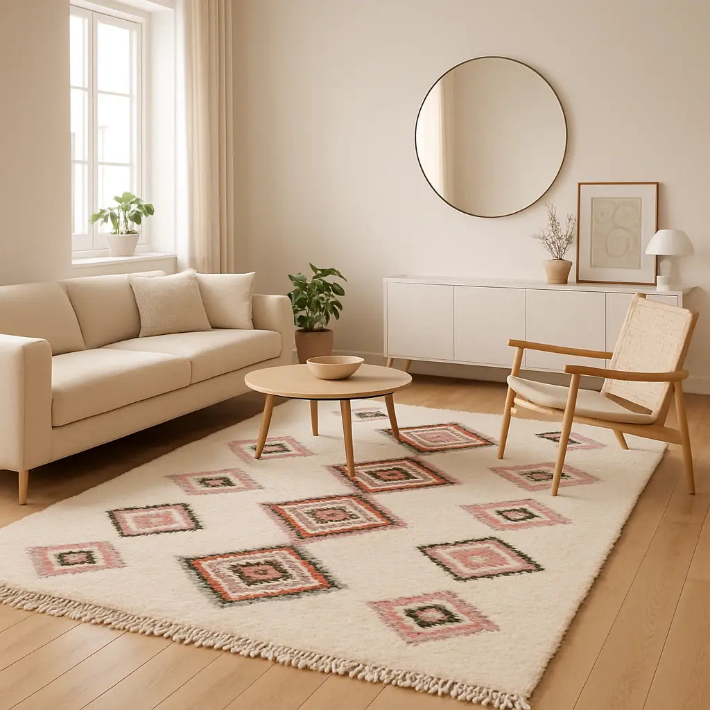 Samira - Tapis berbère marocain artisanal en laine blanche. - Lifestyle Image