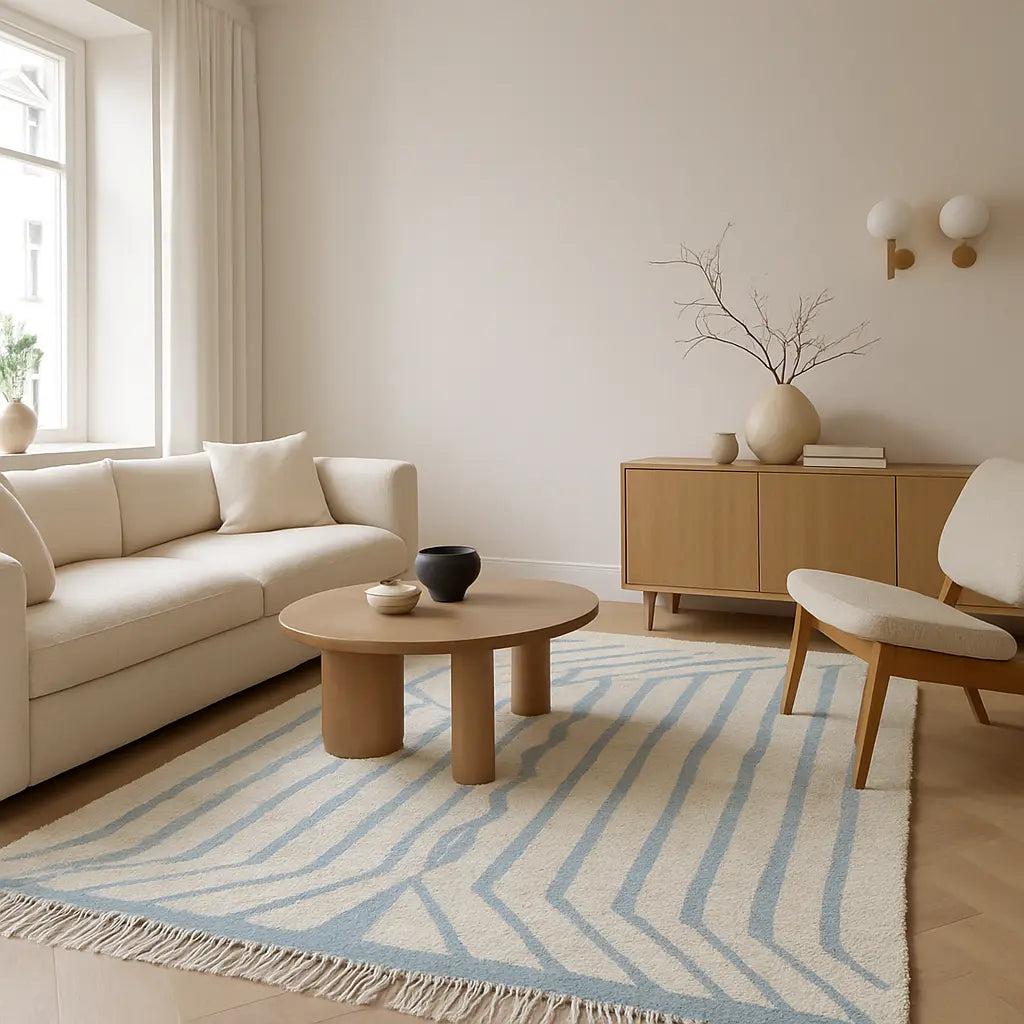 Zahra - Tapis marocain berbère moderne à rayures bleues - Lifestyle Image