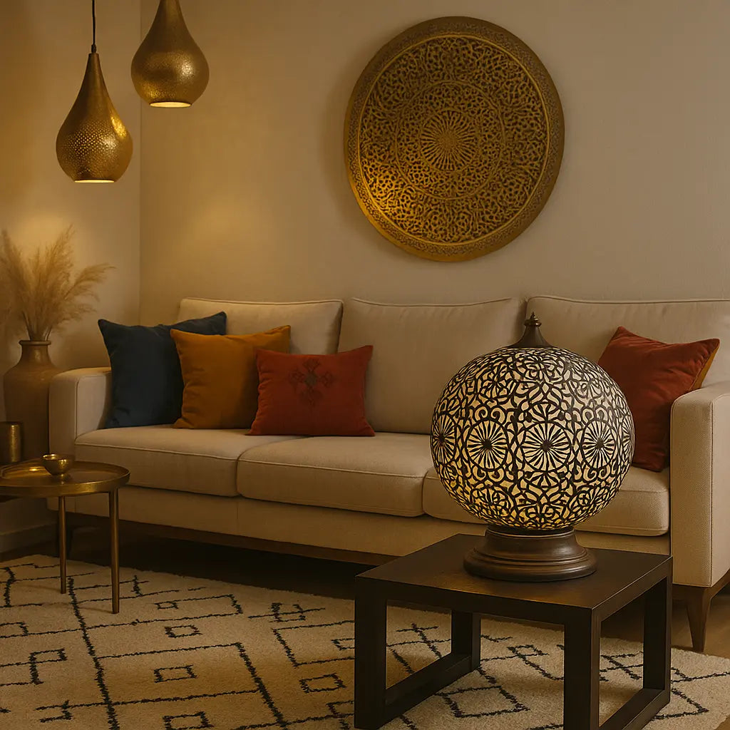 Nour – Lampe orientale marocaine boule en métal ajouré sur socle - Mazaya