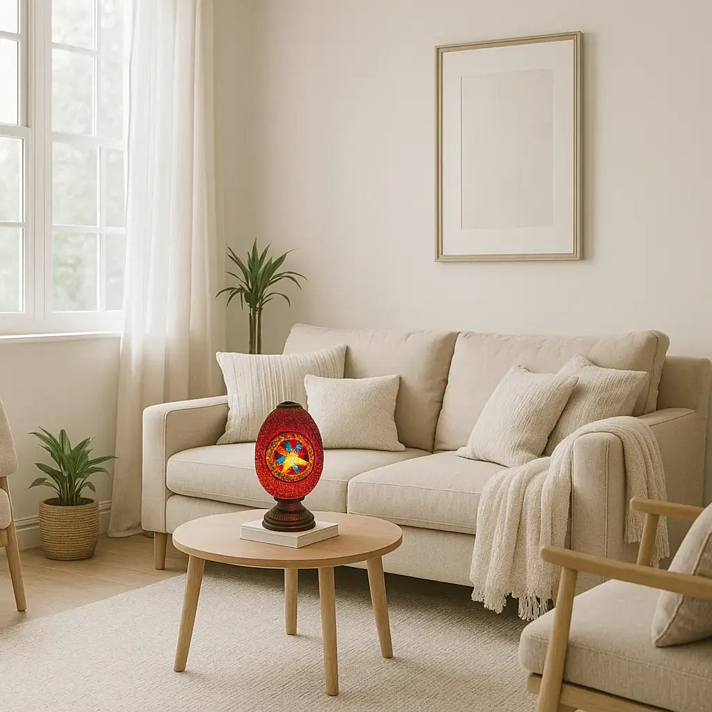 Parisa - Lampe orientale en mosaïque rouge et verre coloré sur socle en métal patiné