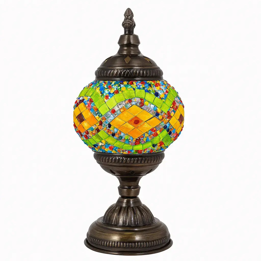Yasna - Lampe orientale en mosaïque verte et ambre sur socle en métal patiné